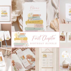 First Chapter 1st Birthday Invitation Bundle Editable, Girl Storybook Birthday Invite, Book 1st Birthday Bundle Template Download 343