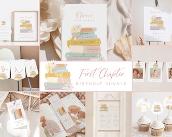 First Chapter 1st Birthday Invitation Bundle Editable, Girl Storybook Birthday Invite, Book 1st Birthday Bundle Template Download 343