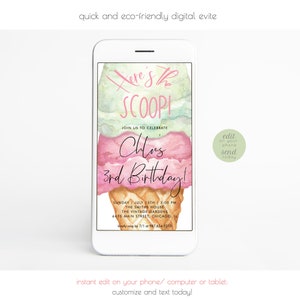 Ice Cream Birthday Evite Girl, Here's the Scoop Digital Invitation, Ice Cream Party Smartphone Electronic Invite, Digital Download 355