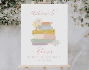 Storybook Birthday Welcome Sign, Book theme Party Poster, First Chapter Book Stack Reception Sign, Printable Editable Instant Download 343