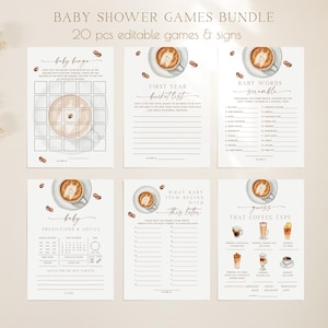 Bundle de jeux pour baby shower café modifiable, un bébé prépare des jeux pour le brunch de bébé, jeux de douche pour bébé amateur de café, téléchargement numérique 645