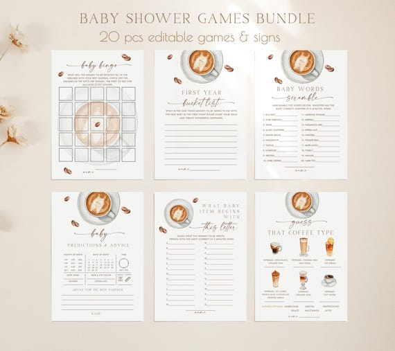 Coffee Baby Shower Game Bundle Editable, A Baby is Brewing (Instant Download 645)
