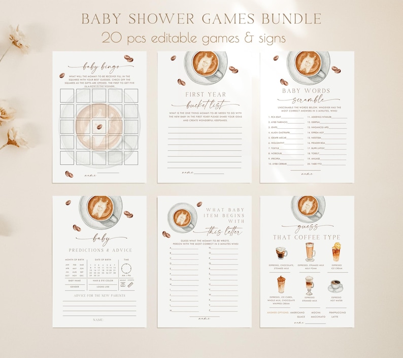 Baby is brewing baby shower games templates for coffee themed baby brunch