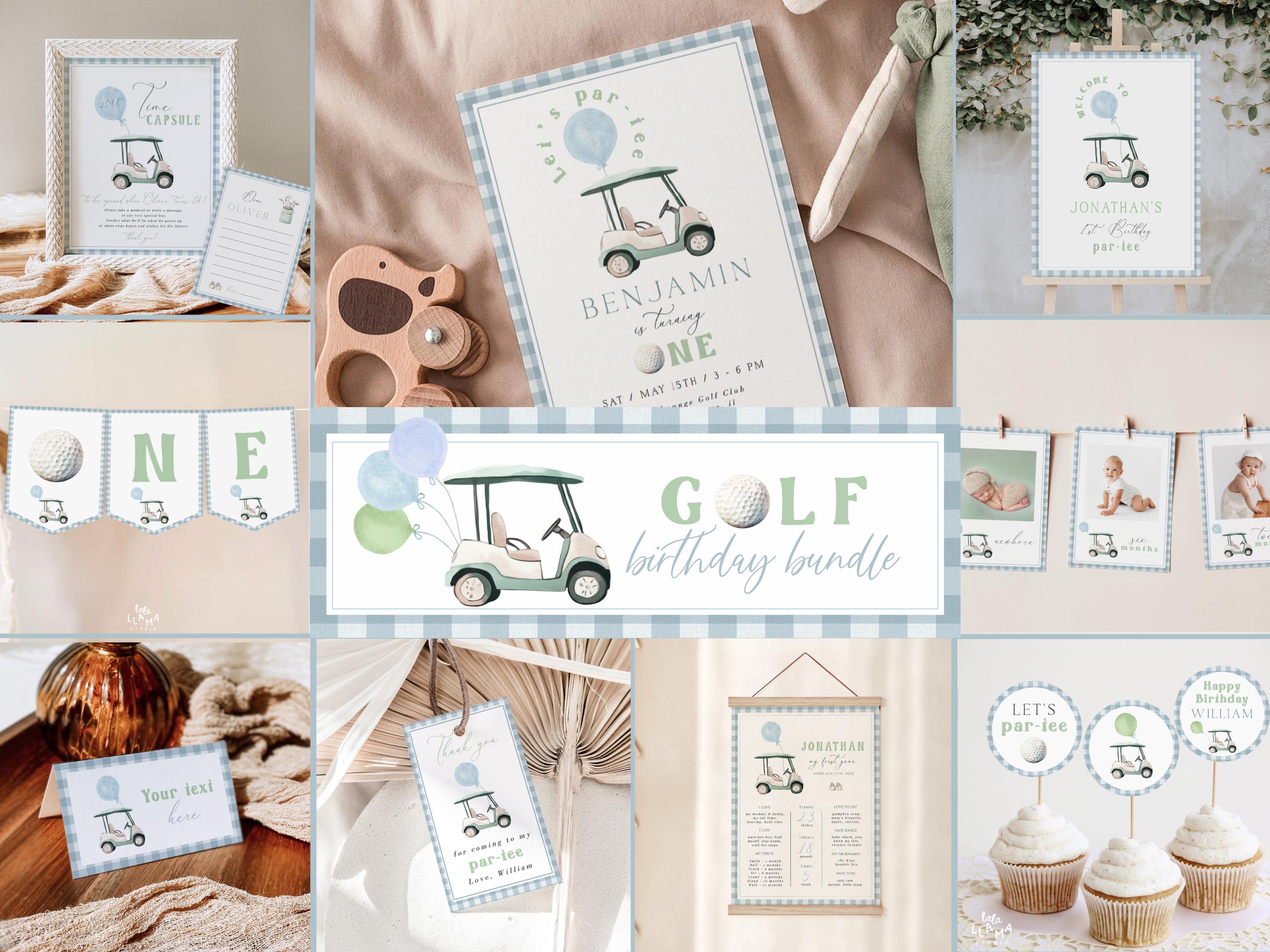 Golf Birthday Invitation Bundle Editable, Preppy Golf Par-Tee Bundle, Hole-in-One Golf 1st Birthday Set, Digital Template Download 179