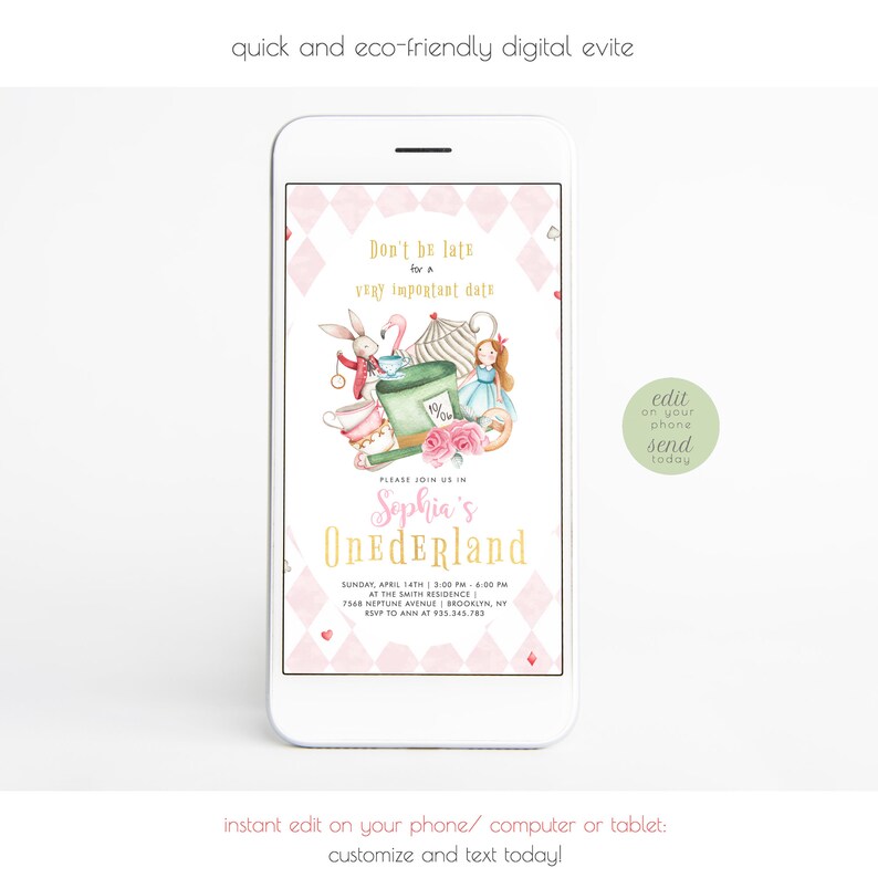 Virtual Alice in Onederland Birthday Invitation Alice in Wonderland Evite Digital Mad Tea Party Smartphone Invite Instant