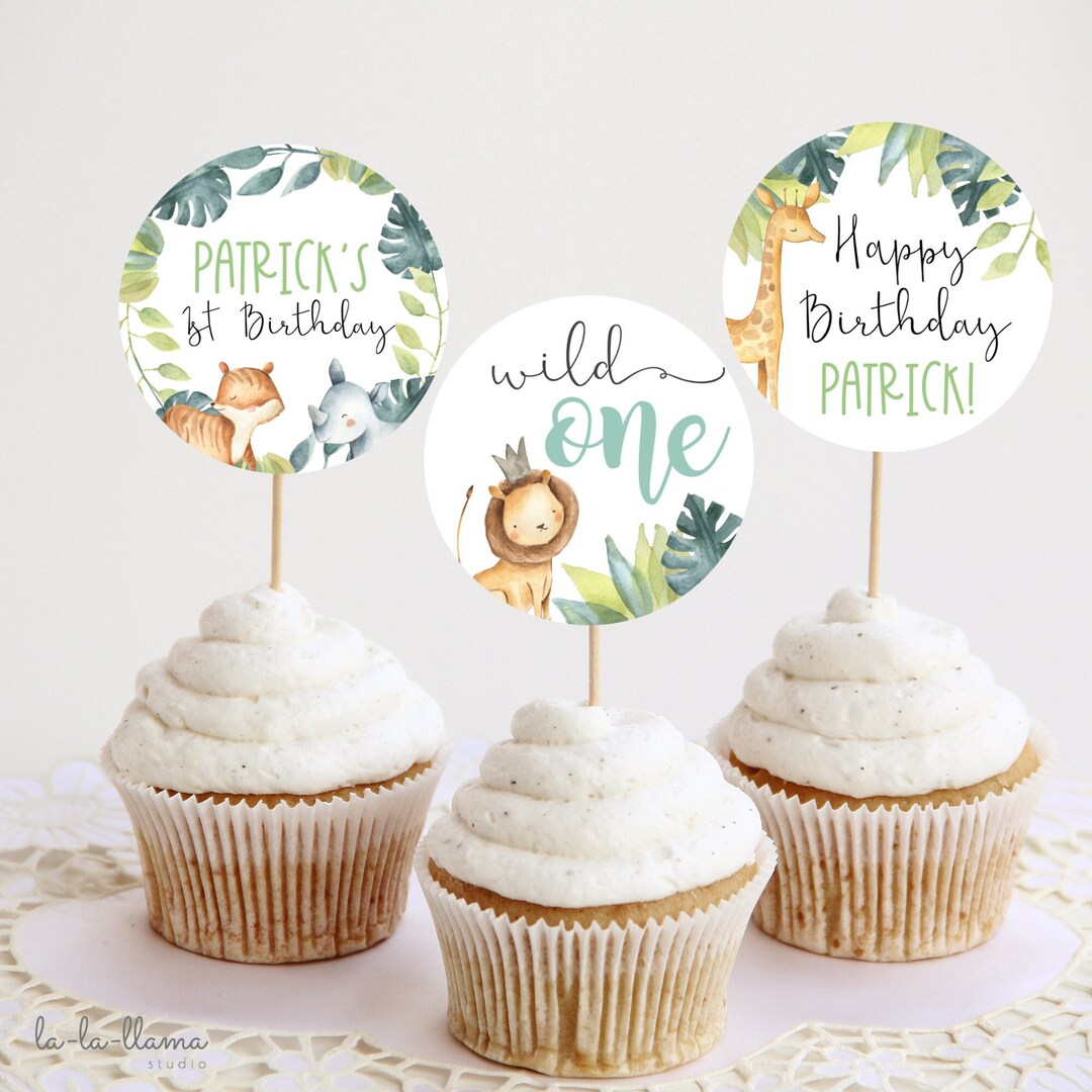 EDITABLE Wild One Birthday Cupcake Toppers, Jungle Animals Cake Toppers