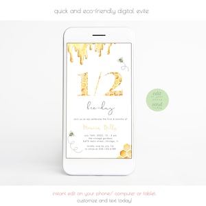 Half Birthday Evite Editable, 1/2 Bee-day Invite, Bee 6 months Birthday Digital Invitation, Half year smartphone, Instant Download, 334