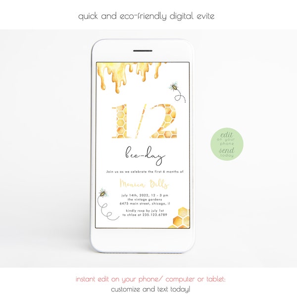 Half Birthday Evite Editable, 1/2 Bee-day Invite, Bee 6 months Birthday Digital Invitation, Half year smartphone, Instant Download, 334