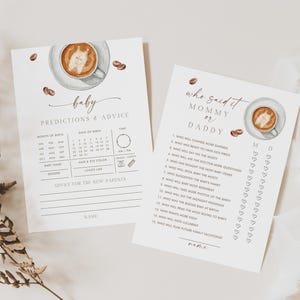 May include: Two baby shower game cards with watercolor coffee cup illustrations. One card reads "baby predictions & advice" and the other reads "who said it mommy or daddy". The cards are on a white background with coffee beans.
