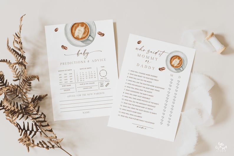 May include: Two baby shower game cards with watercolor coffee cup illustrations. One card reads "baby predictions & advice" and the other reads "who said it mommy or daddy". The cards are on a white background with coffee beans.