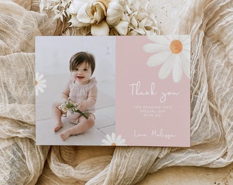 Daisy Photo Thank you card Template, Pink Floral thank you card, Boho Daisy Thank You, Printable Editable Instant Download 345