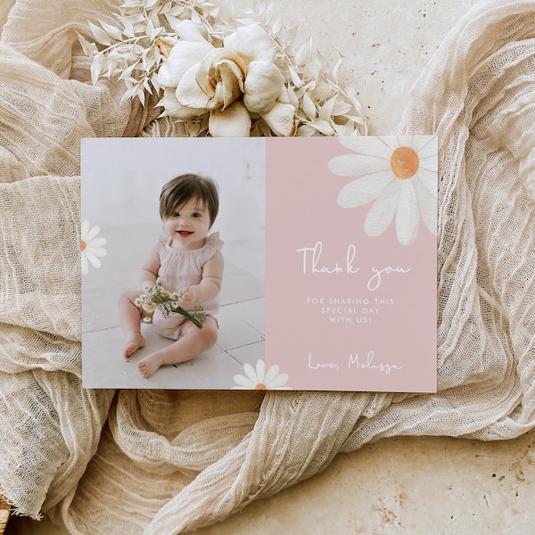 Daisy Photo Thank you card Template, Pink Floral thank you card, Boho Daisy Thank You, Printable Editable Instant Download 345