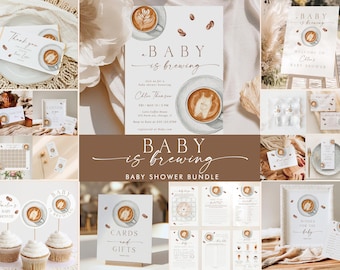May include: A collection of baby shower stationery with a coffee theme. The design includes invitations, thank you cards, cupcake toppers, and a sign that says "Cards and Gifts". The phrase "Baby is Brewing" is featured prominently.