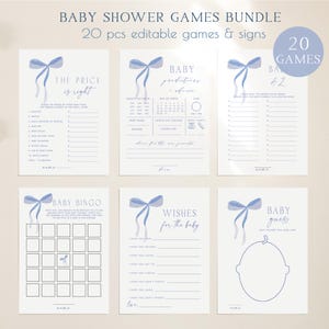 Blue Bow Baby Shower Game Bundle Editable, Blue Coquette Baby Sprinkle Games, It&#39;s a Baby Boy Ribbon Games, Printable Instant Download 379