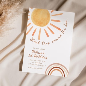 First Trip Around the Sun Birthday Invitation Editable, Sunshine 1st Birthday Invite, Boho Sun Birthday Neutral, Template Download 931