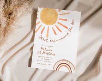 First Trip Around the Sun Birthday Invitation Editable, Sunshine 1st Birthday Invite, Boho Sun Birthday Neutral, Template Download 931