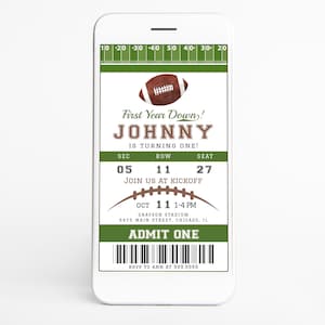 Football Ticket First Birthday Invite, First Year Down Digital Invitation, Sports Party Evite (Editable Template 673)