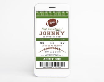 Football Ticket First Birthday Invite, First Year Down Digital Invitation, Sports Party Evite (Editable Template 673)