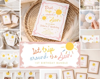 First Trip Around the Sun Birthday Bundle: Sunshine 1st Birthday Invitation & Decor (Editable Canva Templates 842)
