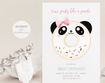 Panda Birthday Invitation Template, Girl Panda Birthday Invite Printable, Panda Donut Party Invite, Girl Birthday Party, Download, 031