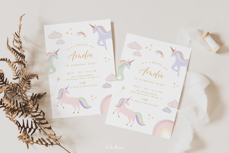 May include: Two pastel pink and purple unicorn birthday party invitations with gold lettering. The invitations say "It's a magical day Amelia is turning five!" with a date and time. The invitations are decorated with rainbows, stars, and clouds.