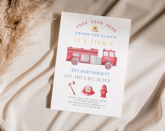Firetruck Birthday Invitation, Firefighter Party Invite, Fireman Evite, Fire Department, Editable Printable Template Instant Download 591