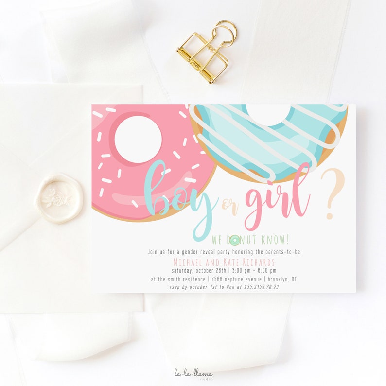 Pastel Donut Gender Reveal Invitation Template Boy or Girl We Etsy