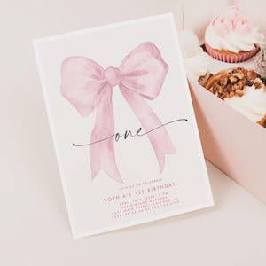 Bearbeitbare rosa Schleife Geburtstagseinladung bearbeitbar, Kokette Schleife 1. Geburtstag einladen Mädchen, Seidenschleife Geburtstag, druckbare Vorlage Download 377