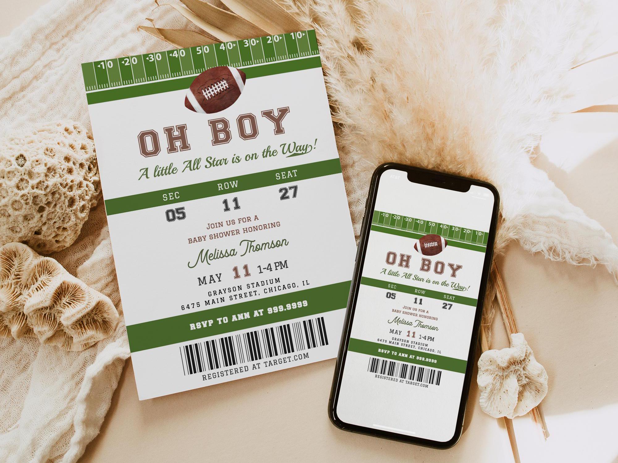 Football Baby Shower Invitation, Little All Star Baby Sprinkle Invite,  Sports Ticket It's A Boy, Touch Down Printable Template Download 673 - Etsy, image size:2000x1499