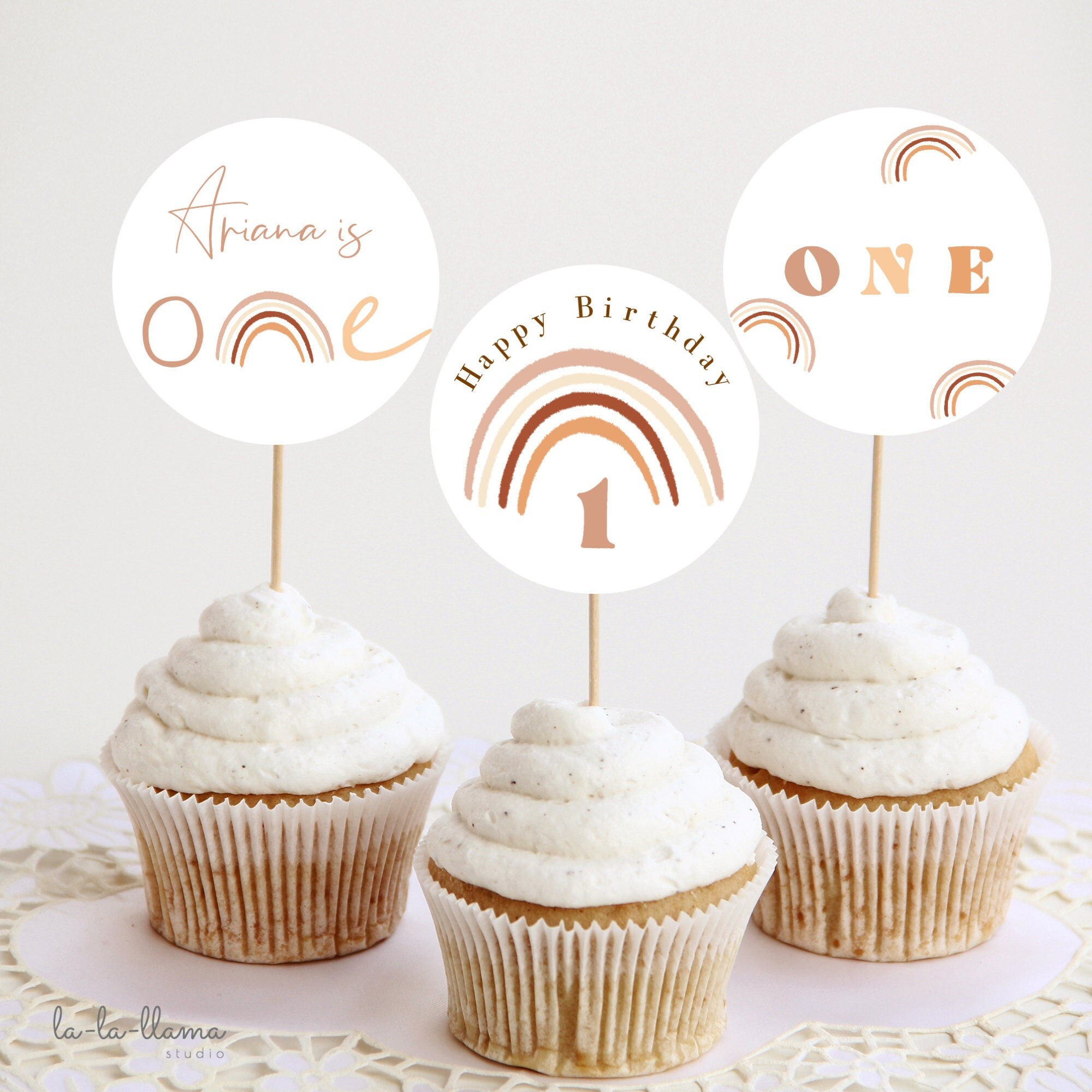 EDITABLE Boho Rainbow Birthday Cupcake Toppers Muted Rainbow Etsy UK