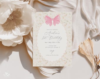 Floral Bow First Birthday Invitation: Shabby Chic Pink Coquette (Editable Template 485)