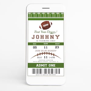Fußball Ticket ersten Geburtstag Evite, ersten Jahr nach unten Digitale Einladung, Sport Party Smartphone elektronische einladen, Sofort-Download 673