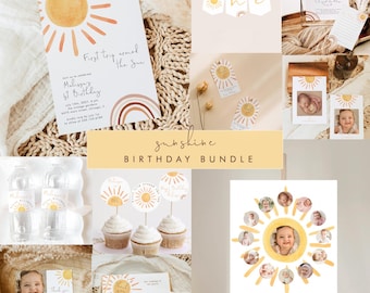 First Trip Around the Sun Birthday Bundle Editable, Sunshine 1st Birthday Invitation, Boho Sun Gender Neutral, Digital Template Download 931