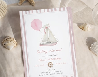 Girl's Nautical 1st Birthday Invitation: Pink Sailor Theme (Digital Download  Template 364)