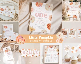 Floral Pumpkin 1st Birthday Invitation Bundle: Editable Fall Party Decor (Digital Printable Template 028