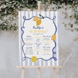 Signe italien d'étapes importantes du premier anniversaire, affiche de ma première année de rayures bleu citron, modèle modifiable de carte de 1ère année d'agrumes dessinés à la main 097
