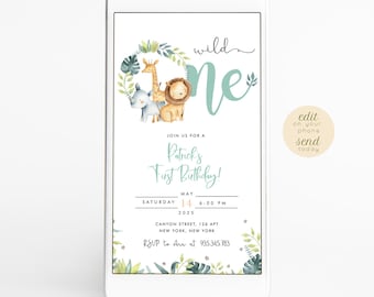 Safari First Birthday Evite, Wild One Digital Invitation, Jungle Animals Party Smartphone Electronic Invite, Digital, Instant Download 340