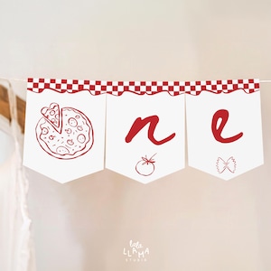 May include: A white banner with red accents and the word "one" in red script. The banner features a pizza slice, a tomato, and a bow tie illustration. The top edge has a red and white checkered pattern.