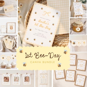 May include: A collection of party supplies with a bee theme. Includes invitations, cupcake toppers, banners, and framed signs. The invitation reads "Amelia's 1st Bee-Day". The color scheme is yellow, white, and brown.