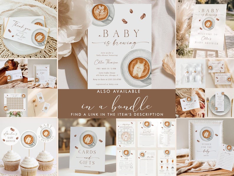 May include: A collection of baby shower stationery with a coffee theme. The design includes invitations, thank you cards, cupcake toppers, and a sign that says "Cards and Gifts". The text "Baby is Brewing" is featured on several items.