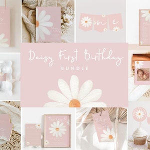 May include: Daisy themed first birthday party printable bundle in pink and white. Includes a banner, water bottle labels, cupcake toppers, and various cards featuring a daisy design.