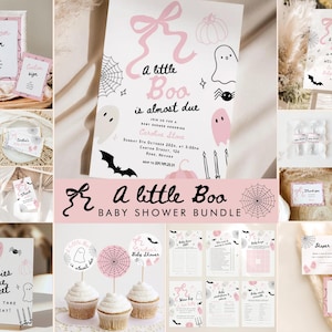 Набор приглашений на вечеринку в честь рождения ребенка «A Little Boo» в стиле «Розовый»: приглашение на праздничный обед для девочек на Хэллоуин, набор табличек и игр | Цифровые редактируемые шаблоны 222