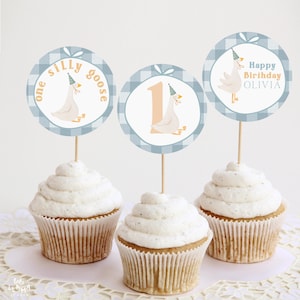 Boy One Silly Goose Birthday Cupcake Toppers Editable, Goose Cake Toppers Cottage, Party Decor Blue Gingham, Printable Digital Download 965