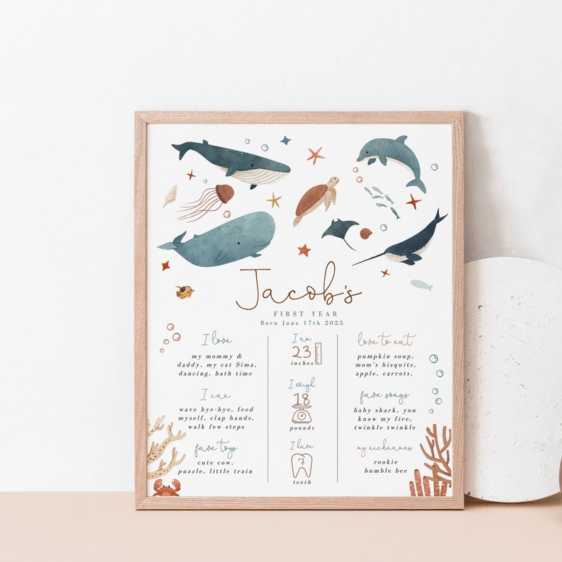 Under the SEa milestones board template for oneder the sea First Birthday