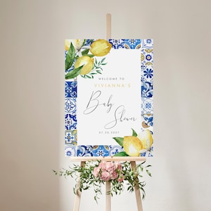 Italian Baby Shower Welcome Sign, Blue Tiles Lemons Baby Sprinkle Reception, Citrus Mamma Mia Signage, Editable Printable Download 095