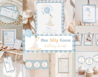 Boy One Silly Goose 1st Birthday Bundle Editable, Goose First Birthday Invitation Bundle, Cottage 1st Birthday Template Digital Download 965