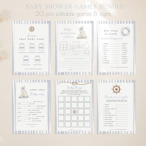 Giochi per baby shower nautici modificabili, cartelli e biglietti Sailor Baby Sprinkle, Ahoy It's a Boy Baby on Board Templates Download digitale 362