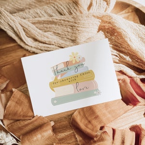 Modello di biglietto di ringraziamento per libro di fiabe, biglietto di ringraziamento per pila di libri, biglietto di ringraziamento a tema libro, baby shower con libro di fiabe stampabile modificabile scaricabile 343
