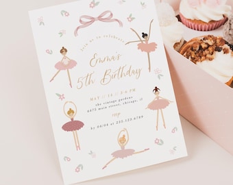 May include: A white invitation card with a pink ribbon and a gold inscription that reads "Join us to celebrate Emma's 5th Birthday". The card is decorated with pink flowers and illustrations of ballerinas in pink tutus.