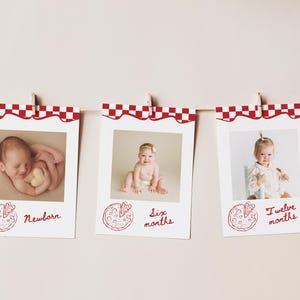 May include: A photo banner with three baby pictures. Each photo is in a white frame with a red and white checkered border. The photos are labeled "Newborn", "Six months", and "Twelve months" with a pizza slice graphic.